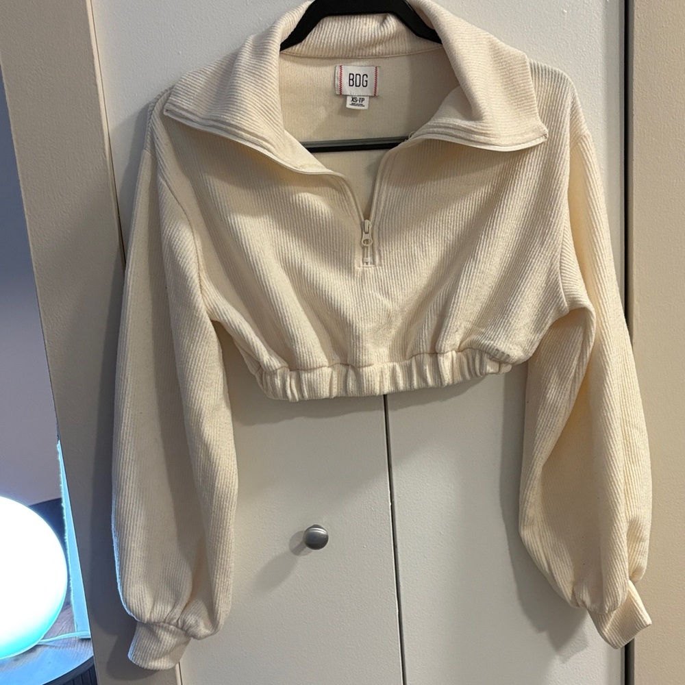 BDG Urban Outfitters Cream Ribbed Quarter-Zip Cropped Hoodie